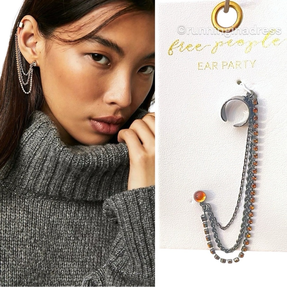 NWT Free People Ear Party Chain In Gunmetal & Orange Rhinestone